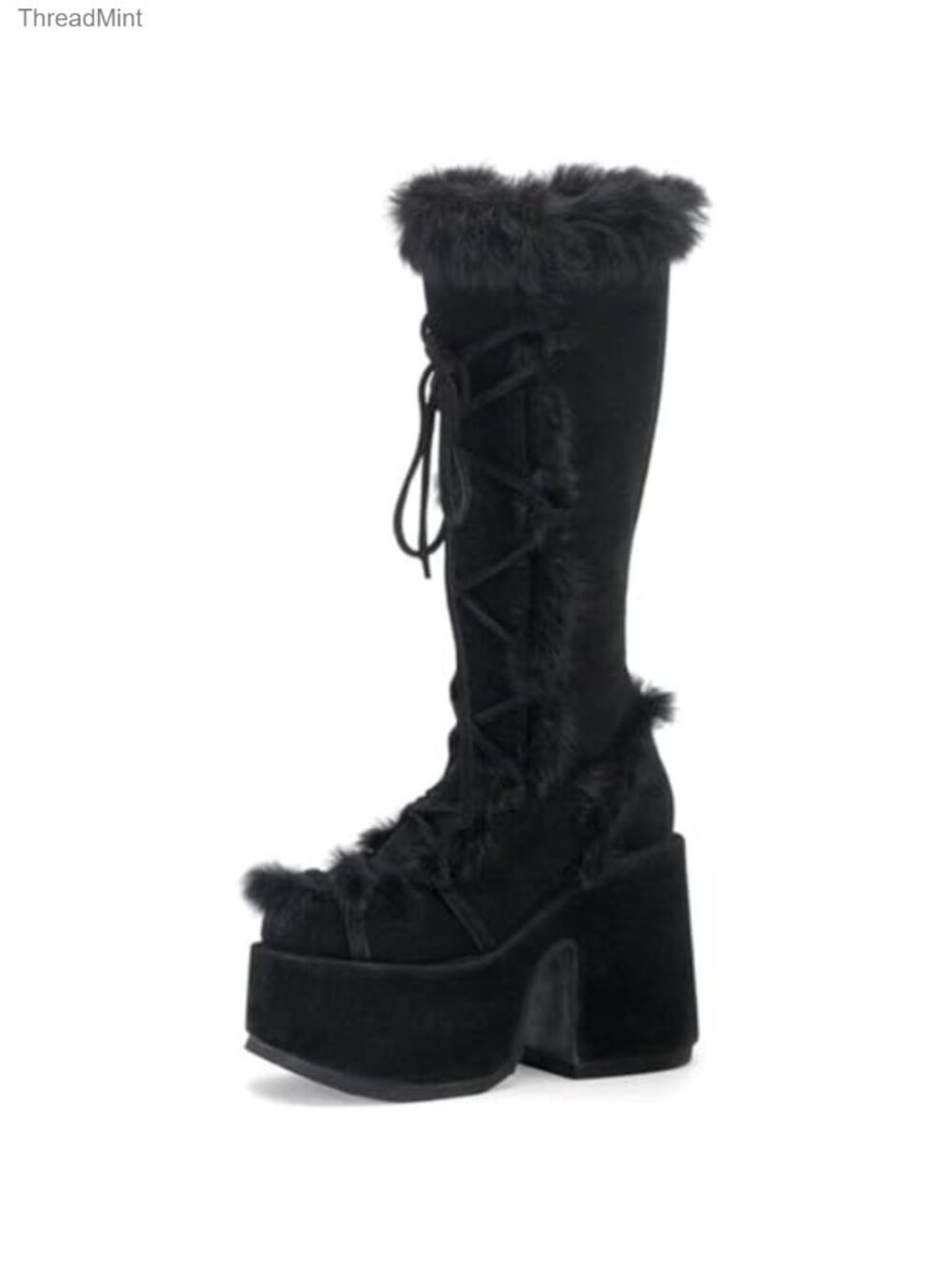 Gothic Platform Knee High Boots Faux Fur Trim Block Heel Winter Shoes